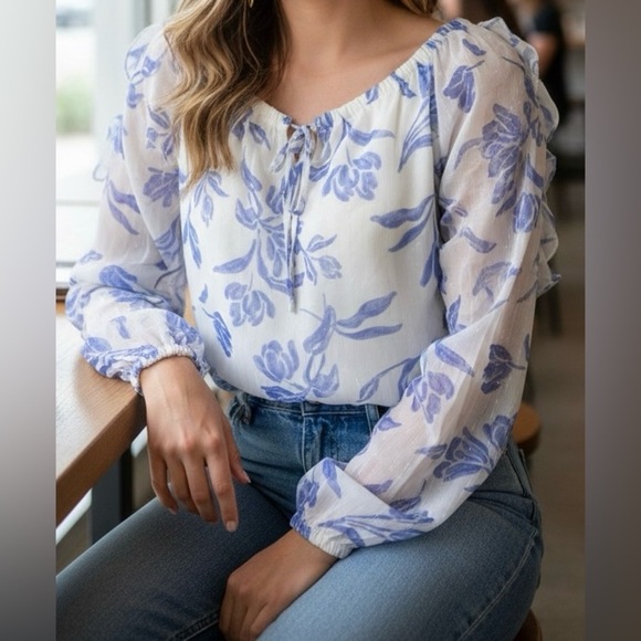 CeCe Tops - CeCe Blue Floral Blouse